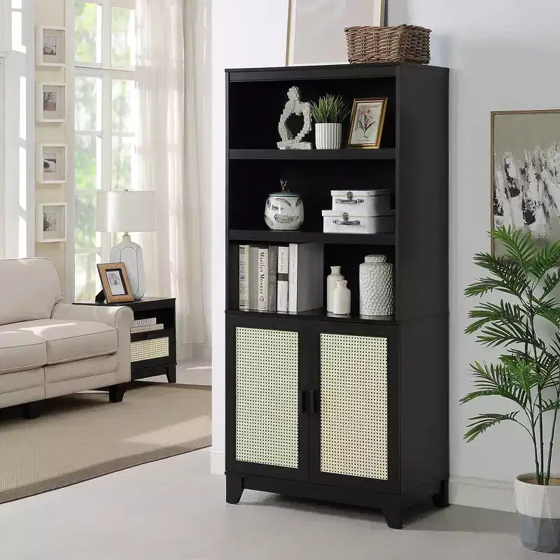 GDFStudio Lismore Modern Cane and Wood Bookcase with Soft Close Doors and Adjustable Shelves