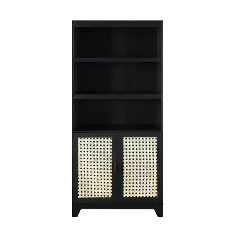 71" Modern Cane Bookcase with Soft-Close Doors, Adjustable Shelves & MDF Frame