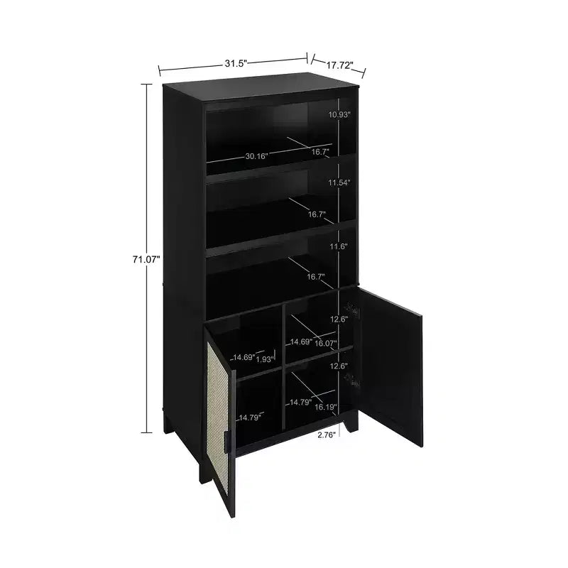 71" Modern Cane Bookcase with Soft-Close Doors, Adjustable Shelves & MDF Frame