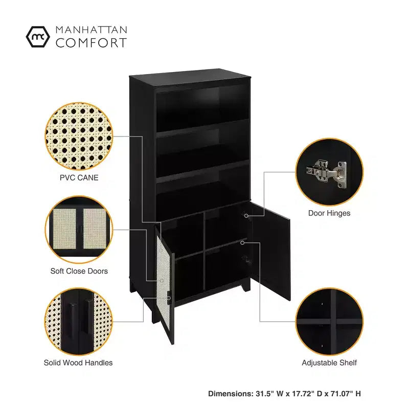 71" Modern Cane Bookcase with Soft-Close Doors, Adjustable Shelves & MDF Frame