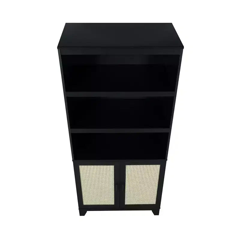 71" Modern Cane Bookcase with Soft-Close Doors, Adjustable Shelves & MDF Frame