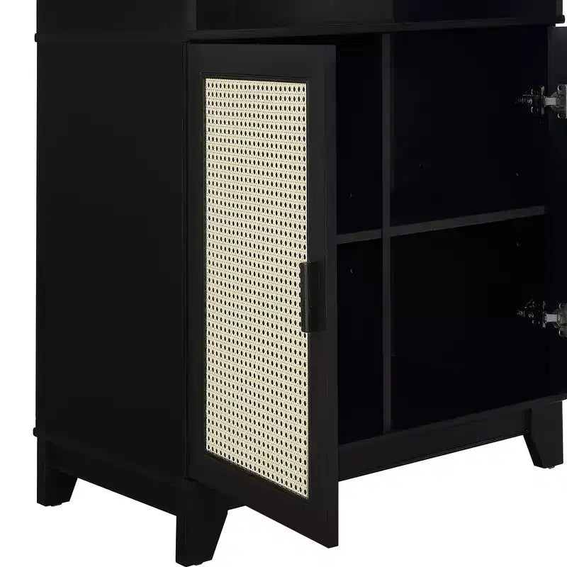 71" Modern Cane Bookcase with Soft-Close Doors, Adjustable Shelves & MDF Frame
