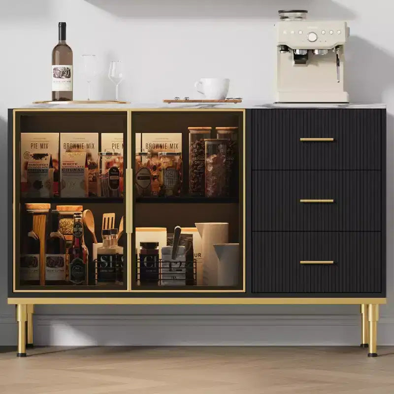 GustoWave 46.4 in Fluted Kitchen Sideboard Cabinet with 2 Glass Doors 3 Drawers and Shelves, Faux Marble Top Buffet Table, Black