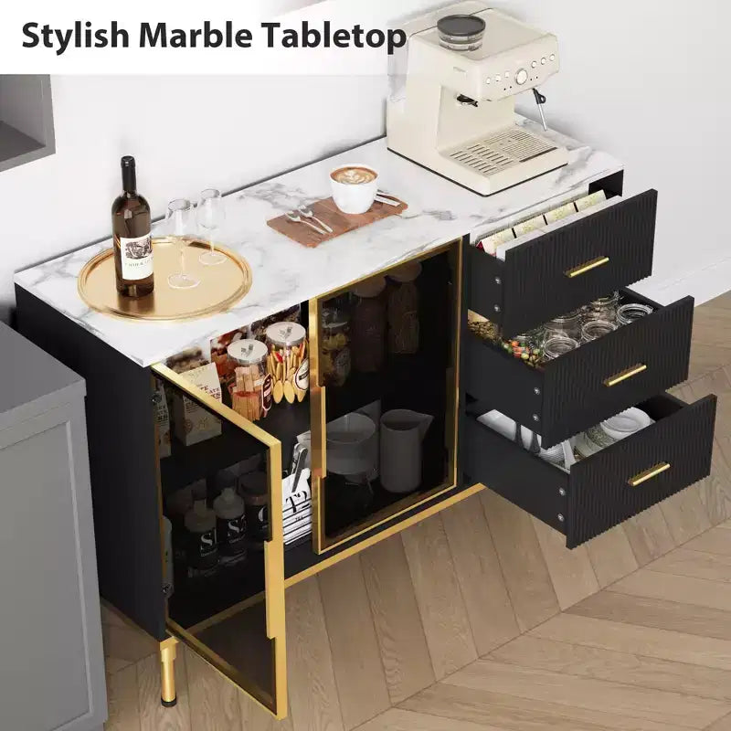 46.4" Fluted Sideboard Cabinet with 2 Glass Doors, 3 Drawers & Faux Marble Top, Black