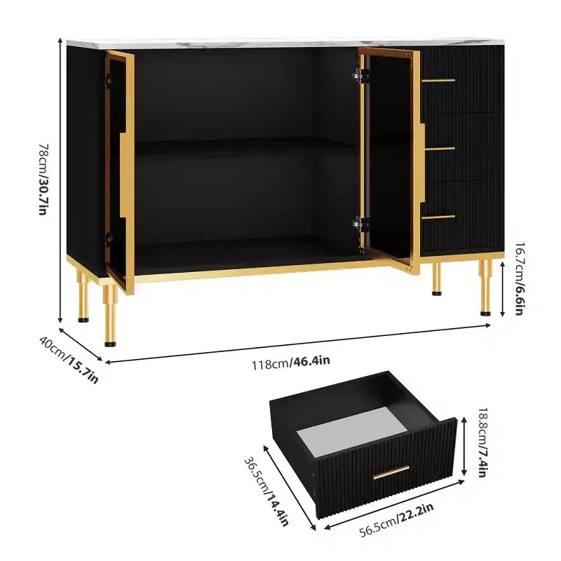 46.4" Fluted Sideboard Cabinet with 2 Glass Doors, 3 Drawers & Faux Marble Top, Black