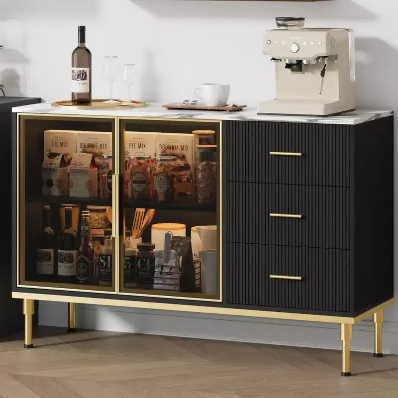 46.4" Fluted Sideboard Cabinet with 2 Glass Doors, 3 Drawers & Faux Marble Top, Black
