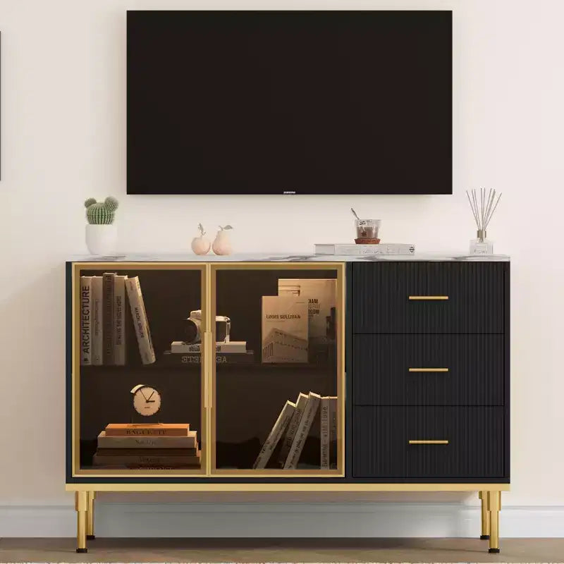 46.4" Fluted Sideboard Cabinet with 2 Glass Doors, 3 Drawers & Faux Marble Top, Black
