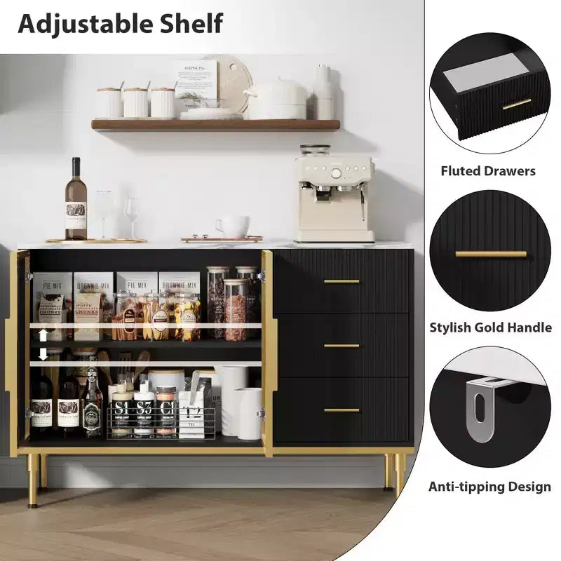 46.4" Fluted Sideboard Cabinet with 2 Glass Doors, 3 Drawers & Faux Marble Top, Black