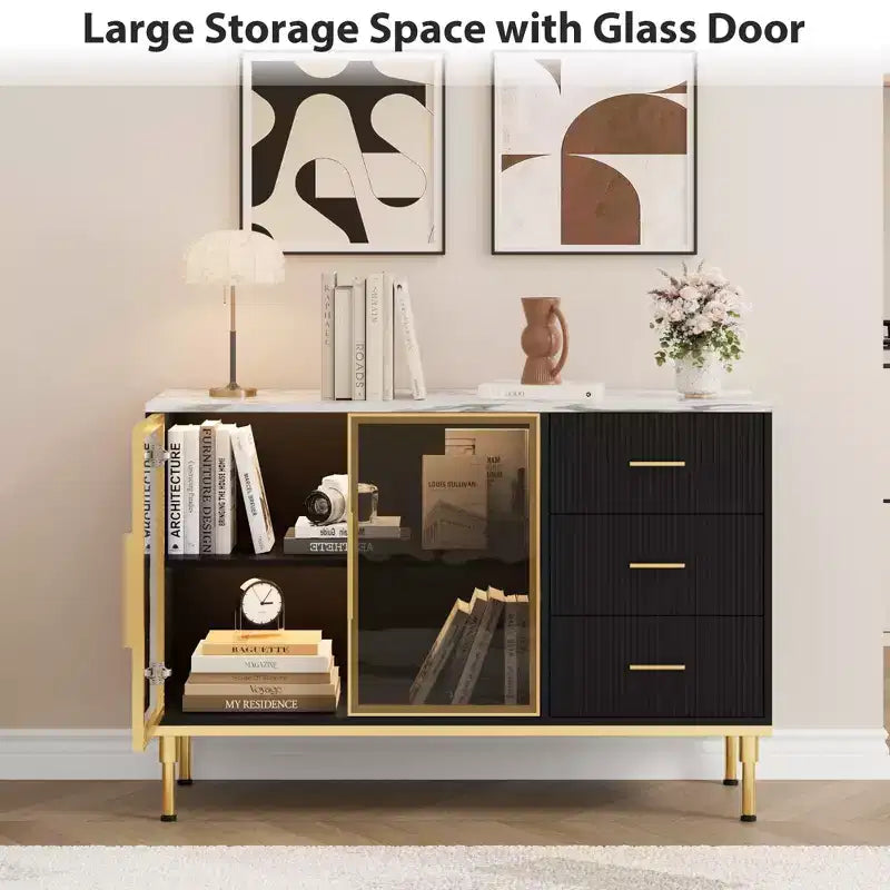 46.4" Fluted Sideboard Cabinet with 2 Glass Doors, 3 Drawers & Faux Marble Top, Black