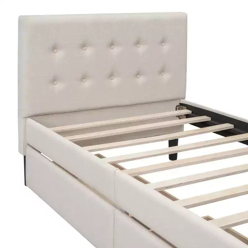 Twin Size Upholstered Platform Bed with 2 Storage Drawers, Twin Wooden Bed Frame for Bedroom