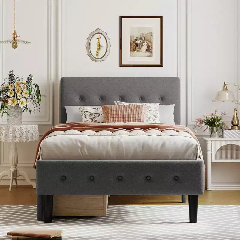 Twin Size Upholstered Platform Bed with 2 Storage Drawers, Twin Wooden Bed Frame for Bedroom