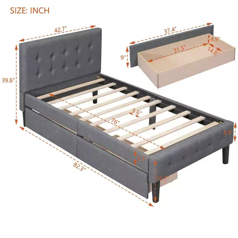 Twin Size Upholstered Platform Bed with 2 Storage Drawers, Twin Wooden Bed Frame for Bedroom