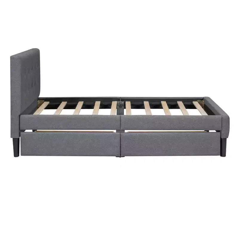 Twin Size Upholstered Platform Bed with 2 Storage Drawers, Twin Wooden Bed Frame for Bedroom