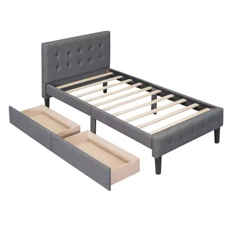 Twin Size Upholstered Platform Bed with 2 Storage Drawers, Twin Wooden Bed Frame for Bedroom