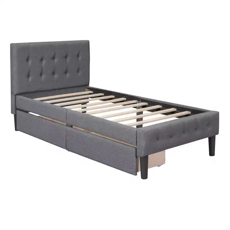 Twin Size Upholstered Platform Bed with 2 Storage Drawers, Twin Wooden Bed Frame for Bedroom