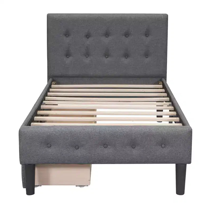 Twin Size Upholstered Platform Bed with 2 Storage Drawers, Twin Wooden Bed Frame for Bedroom