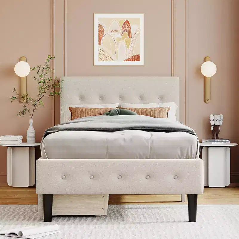 Twin Size Upholstered Platform Bed with 2 Storage Drawers, Twin Wooden Bed Frame for Bedroom