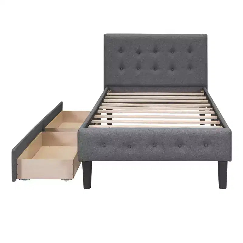 Twin Size Upholstered Platform Bed with 2 Storage Drawers, Twin Wooden Bed Frame for Bedroom