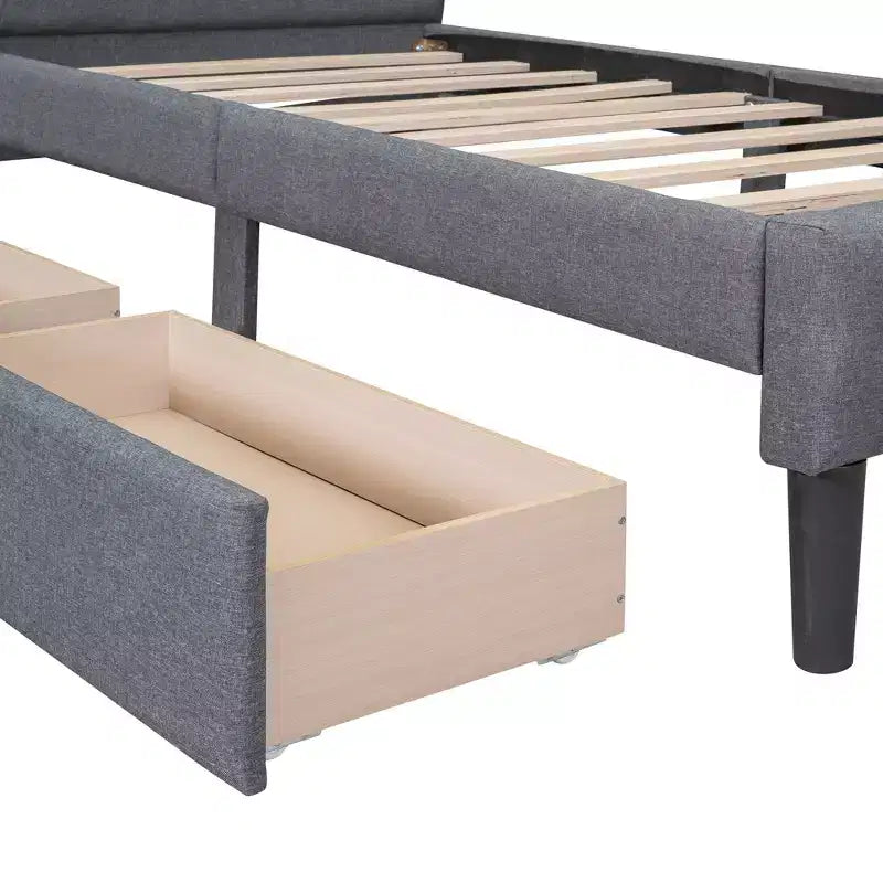 Twin Size Upholstered Platform Bed with 2 Storage Drawers, Twin Wooden Bed Frame for Bedroom
