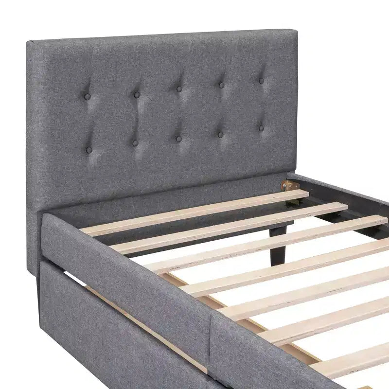 Twin Size Upholstered Platform Bed with 2 Storage Drawers, Twin Wooden Bed Frame for Bedroom