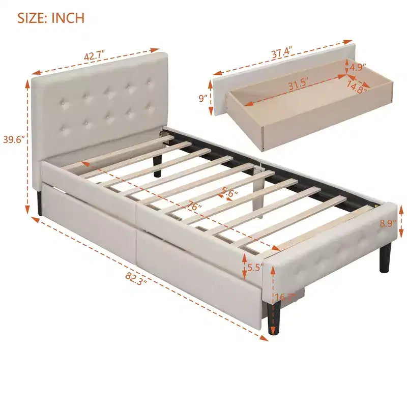 Twin Size Upholstered Platform Bed with 2 Storage Drawers, Twin Wooden Bed Frame for Bedroom