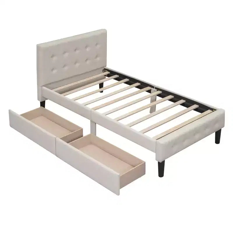 Twin Size Upholstered Platform Bed with 2 Storage Drawers, Twin Wooden Bed Frame for Bedroom