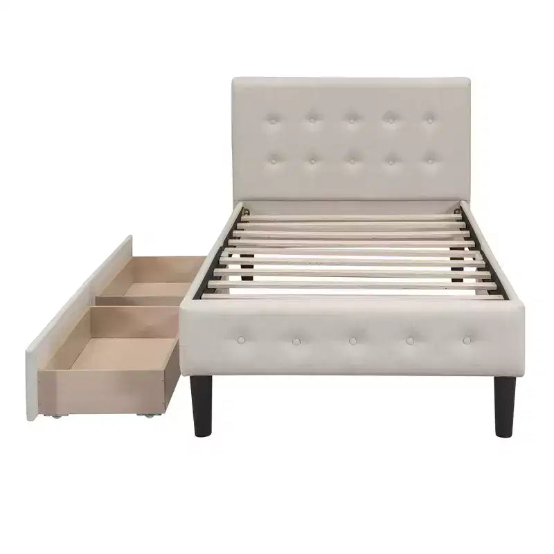 Twin Size Upholstered Platform Bed with 2 Storage Drawers, Twin Wooden Bed Frame for Bedroom
