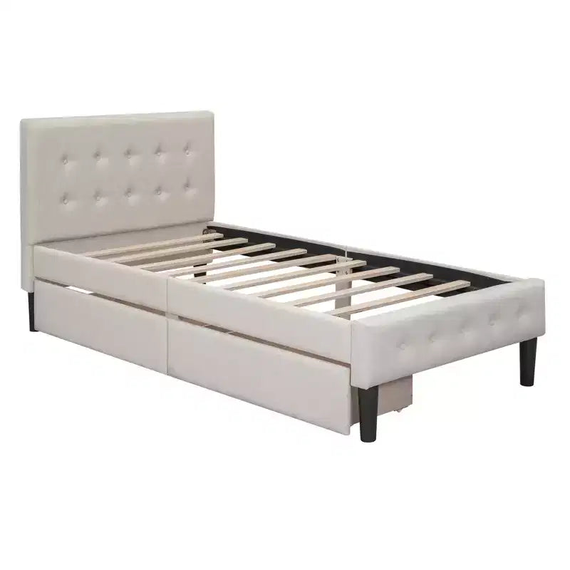 Twin Size Upholstered Platform Bed with 2 Storage Drawers, Twin Wooden Bed Frame for Bedroom
