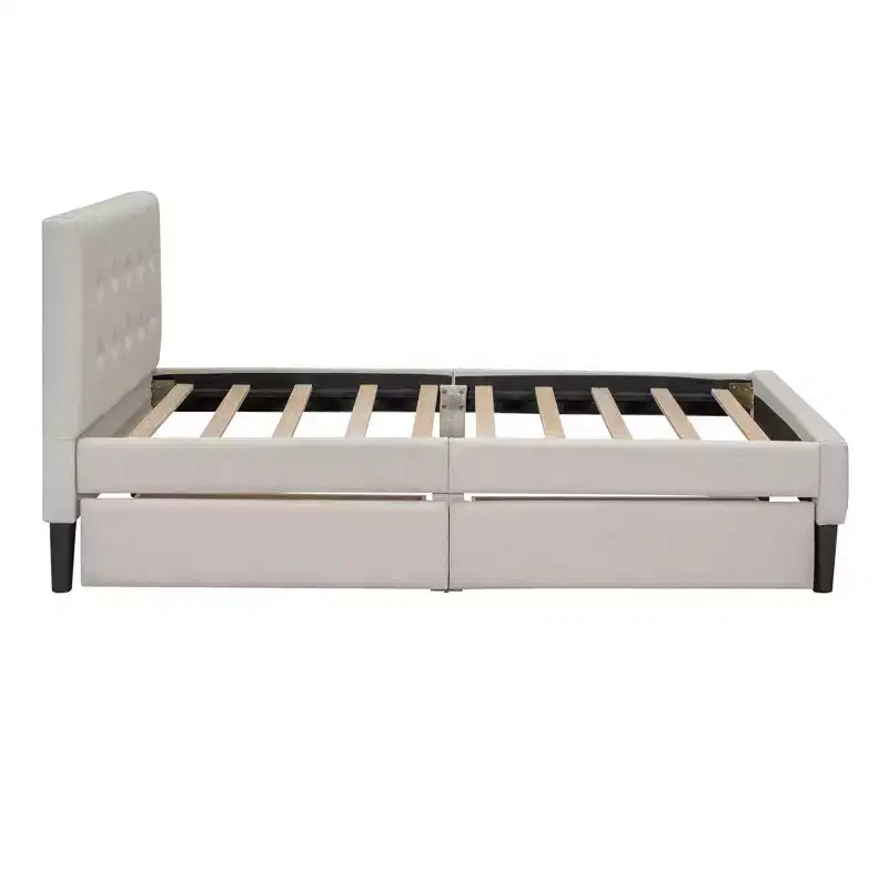 Twin Size Upholstered Platform Bed with 2 Storage Drawers, Twin Wooden Bed Frame for Bedroom