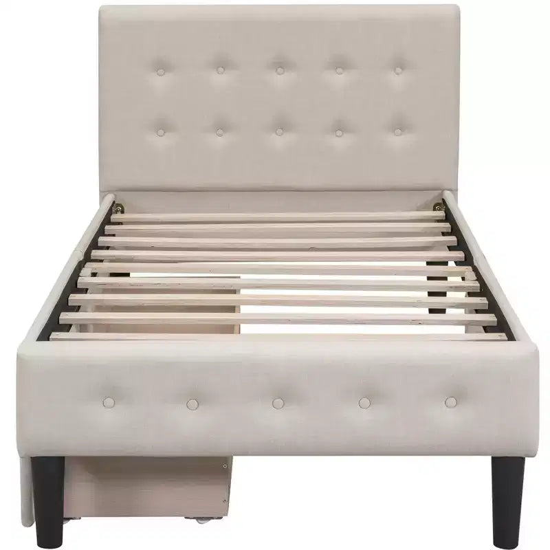 Twin Size Upholstered Platform Bed with 2 Storage Drawers, Twin Wooden Bed Frame for Bedroom