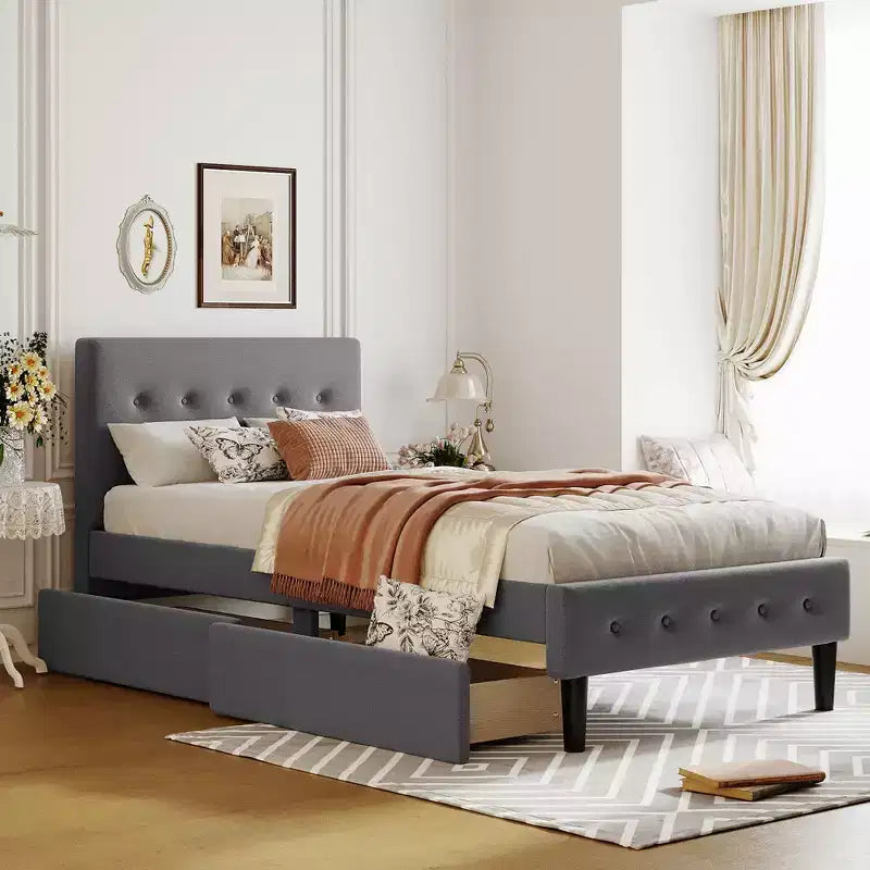 Twin Size Upholstered Platform Bed with 2 Storage Drawers, Twin Wooden Bed Frame for Bedroom