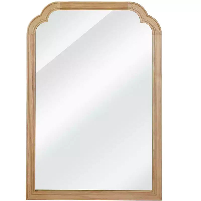 Natural Wood Color 24 x 36 Solid Wood Frame Rounded Corner Decorative Mirror, For Bedroom, Bathroom, Living Room, Entryway