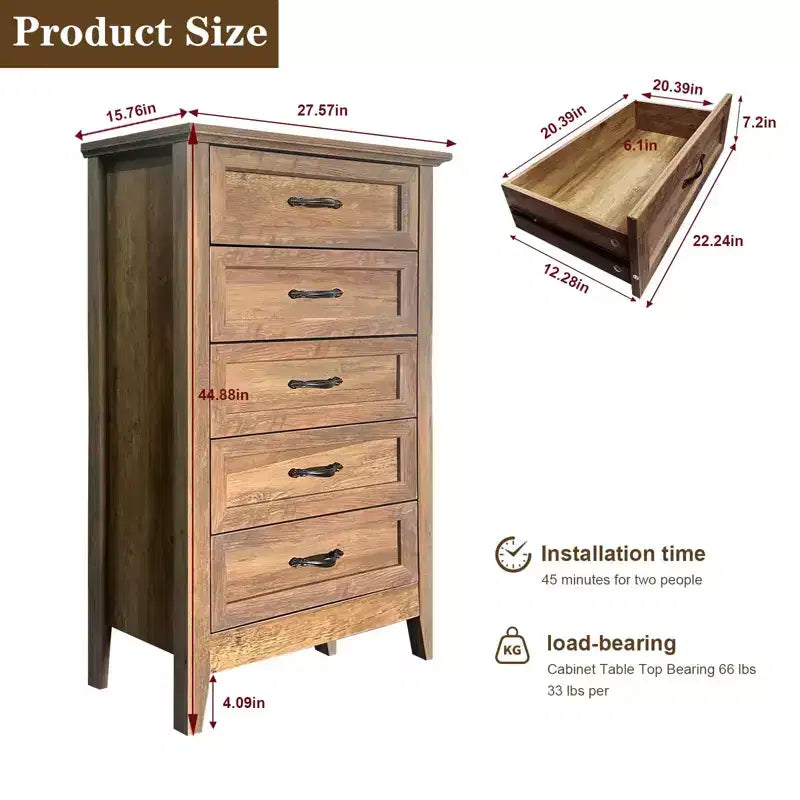 Chest of Dresser, Wood Vintage Dresser 5 Drawer, Tall Dressers for Closet, Dressers for Storage Organizer, for Closet Living Room, Kids Bedroom