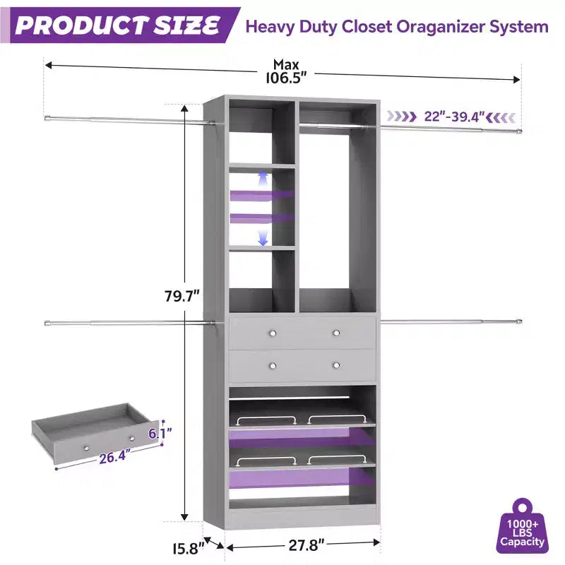 Wooden Closet Organizer System with Shoe Shelf and Drawer