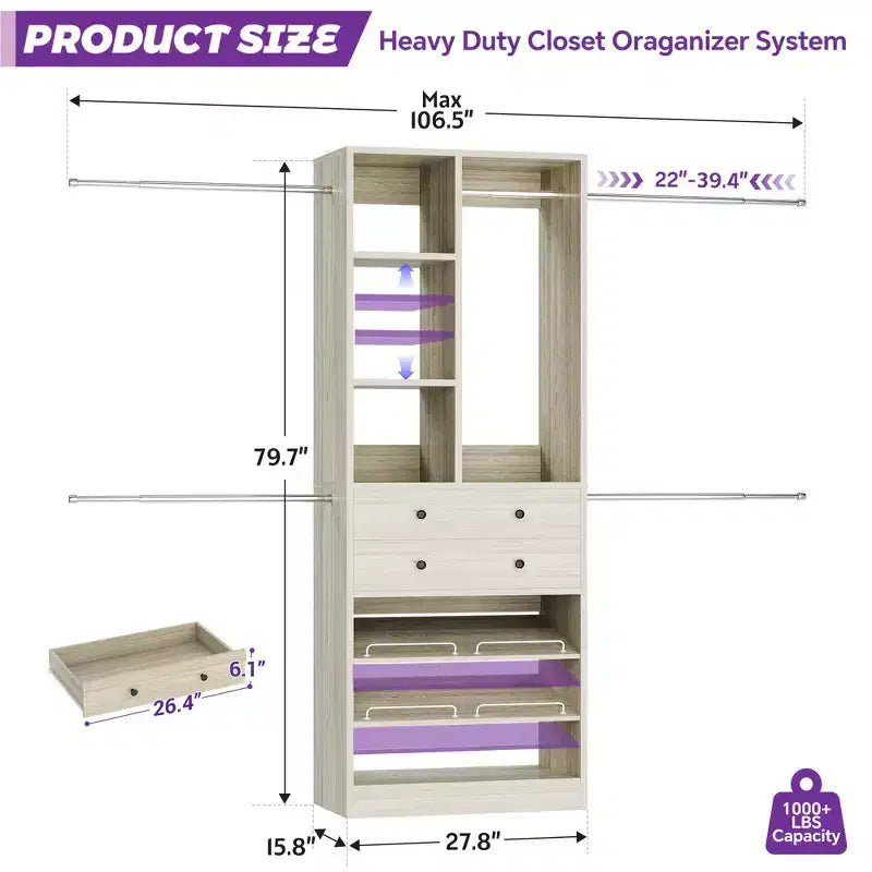 Wooden Closet Organizer System with Shoe Shelf and Drawer