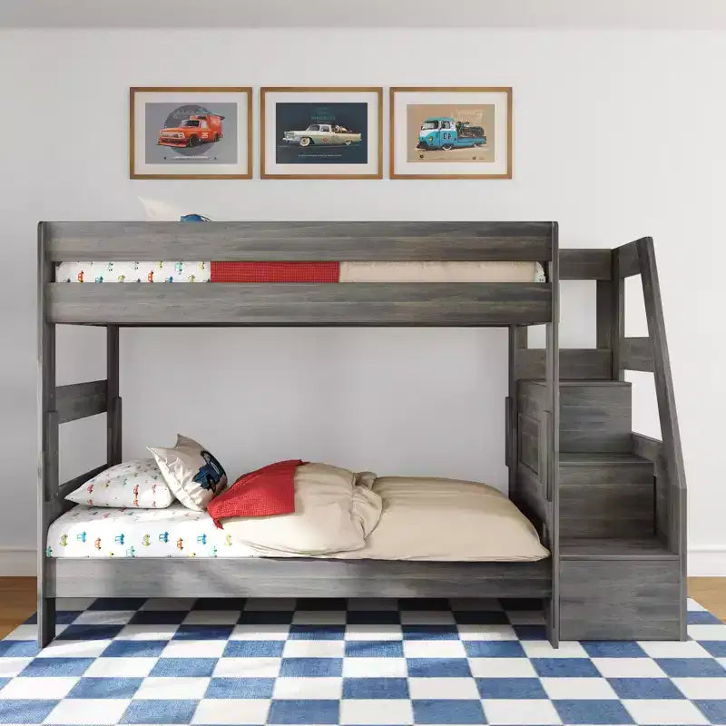 Modern Farmhouse Twin Over Twin Bunk Bed with Storage Staircase