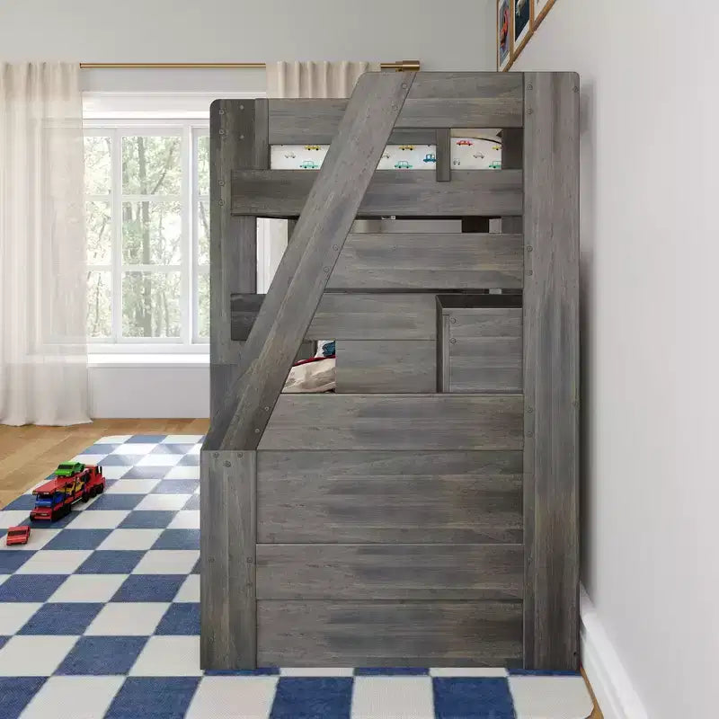 Modern Farmhouse Twin Over Twin Bunk Bed with Storage Staircase