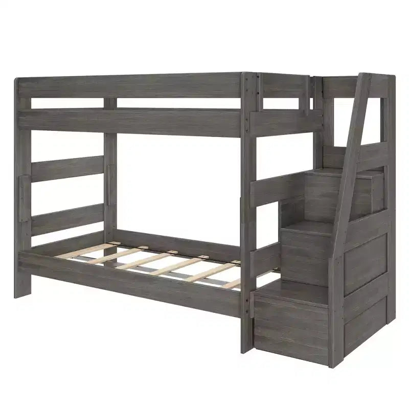 Modern Farmhouse Twin Over Twin Bunk Bed with Storage Staircase
