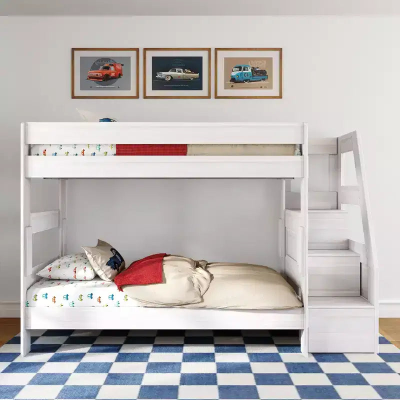 Modern Farmhouse Twin Over Twin Bunk Bed with Storage Staircase
