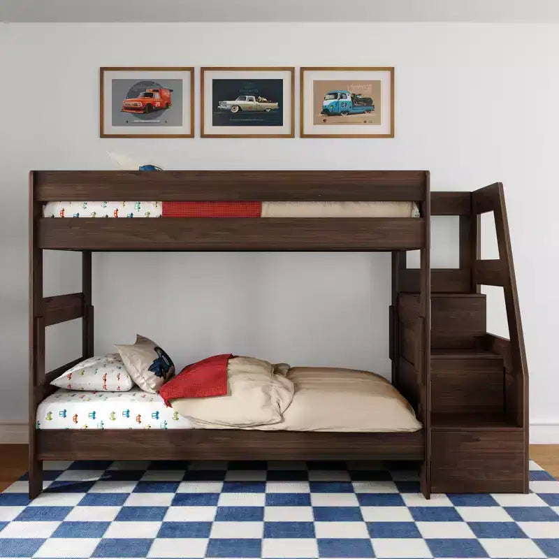 Modern Farmhouse Twin Over Twin Bunk Bed with Storage Staircase