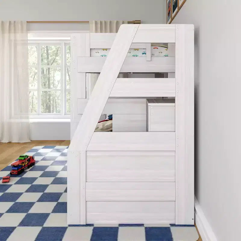 Modern Farmhouse Twin Over Twin Bunk Bed with Storage Staircase