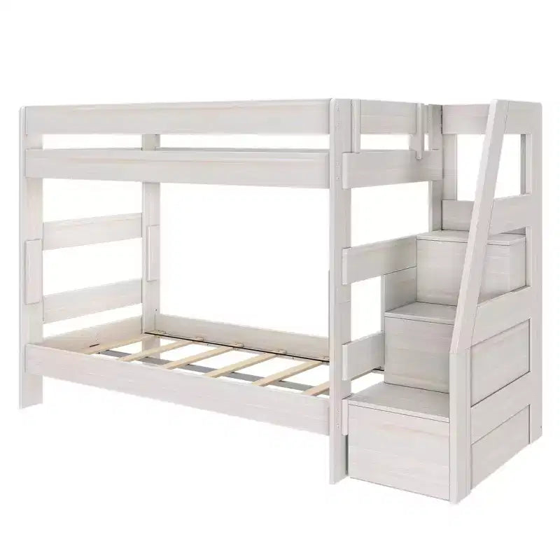 Modern Farmhouse Twin Over Twin Bunk Bed with Storage Staircase