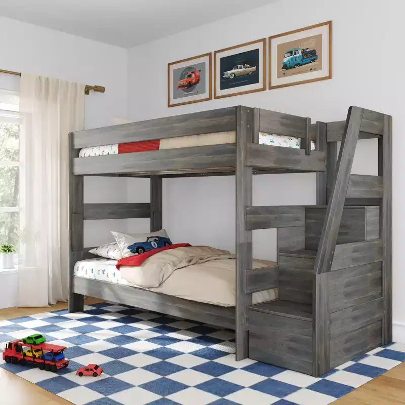 Modern Farmhouse Twin Over Twin Bunk Bed with Storage Staircase