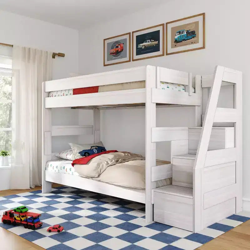 Modern Farmhouse Twin Over Twin Bunk Bed with Storage Staircase