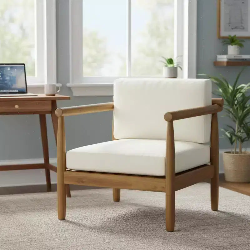Acacia Wood Accent Lounge Chair with Cushioned Seat and Back, Natural